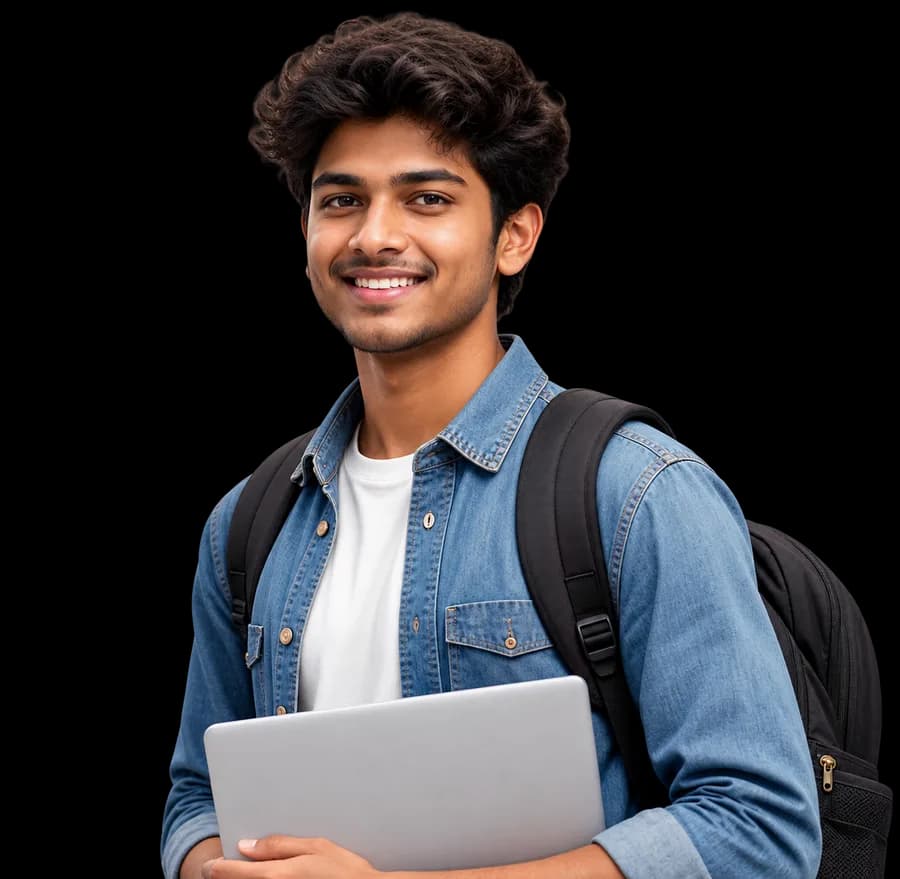 Student holding laptop with backpack