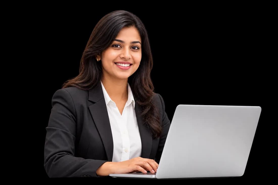 Smiling Indian businesswoman typing on laptop